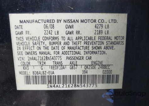 2008 Nissan Altima 2.5 S from USA, damaged, VIN 1N4AL21E28N543775